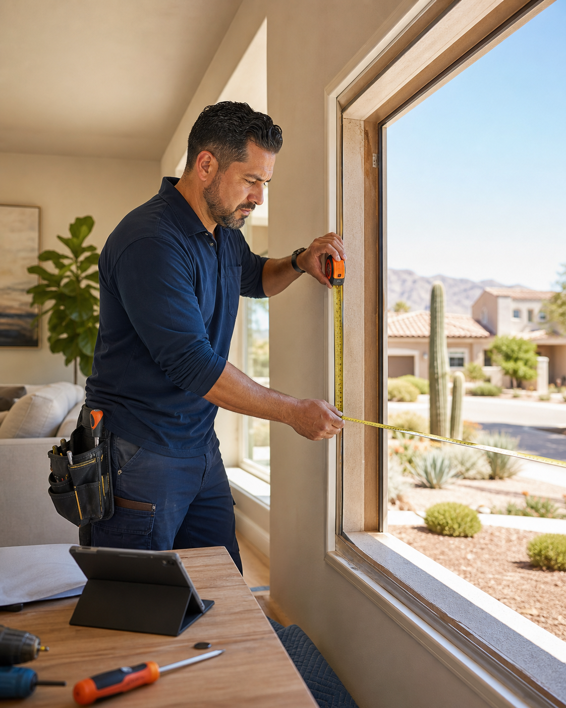 A window contractor measuring a residential replacement window opening